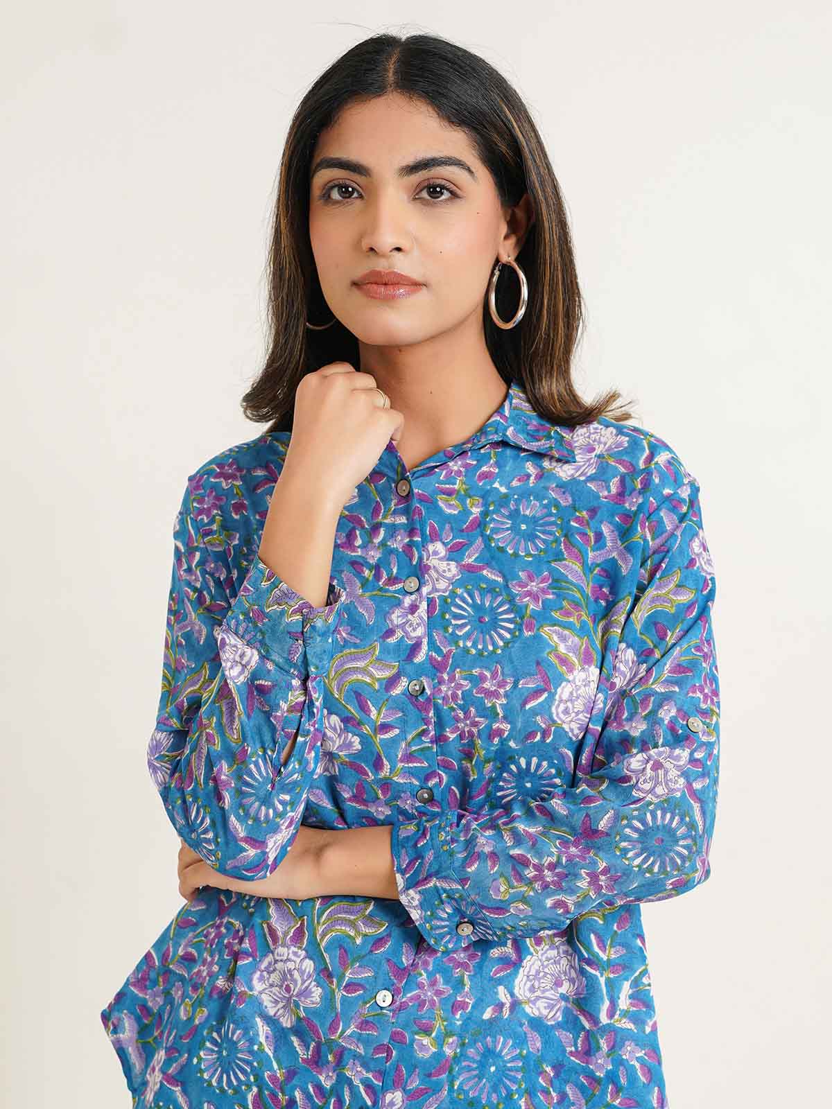 Block Printed Cotton Shirt Pant Meher Set Blue