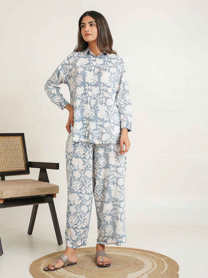 Block Printed Cotton Shirt Pant Meher Set Grey