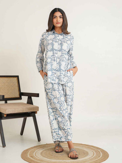 Block Printed Cotton Shirt Pant Meher Set Grey