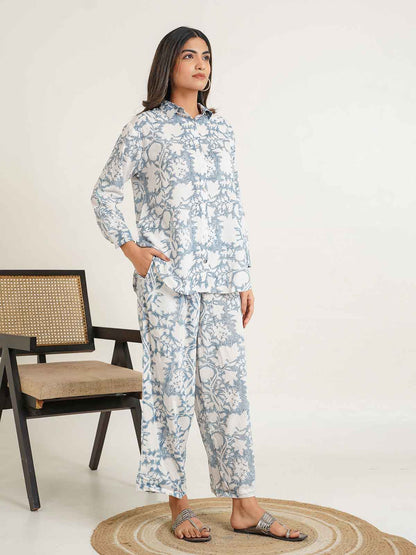 Block Printed Cotton Shirt Pant Meher Set Grey