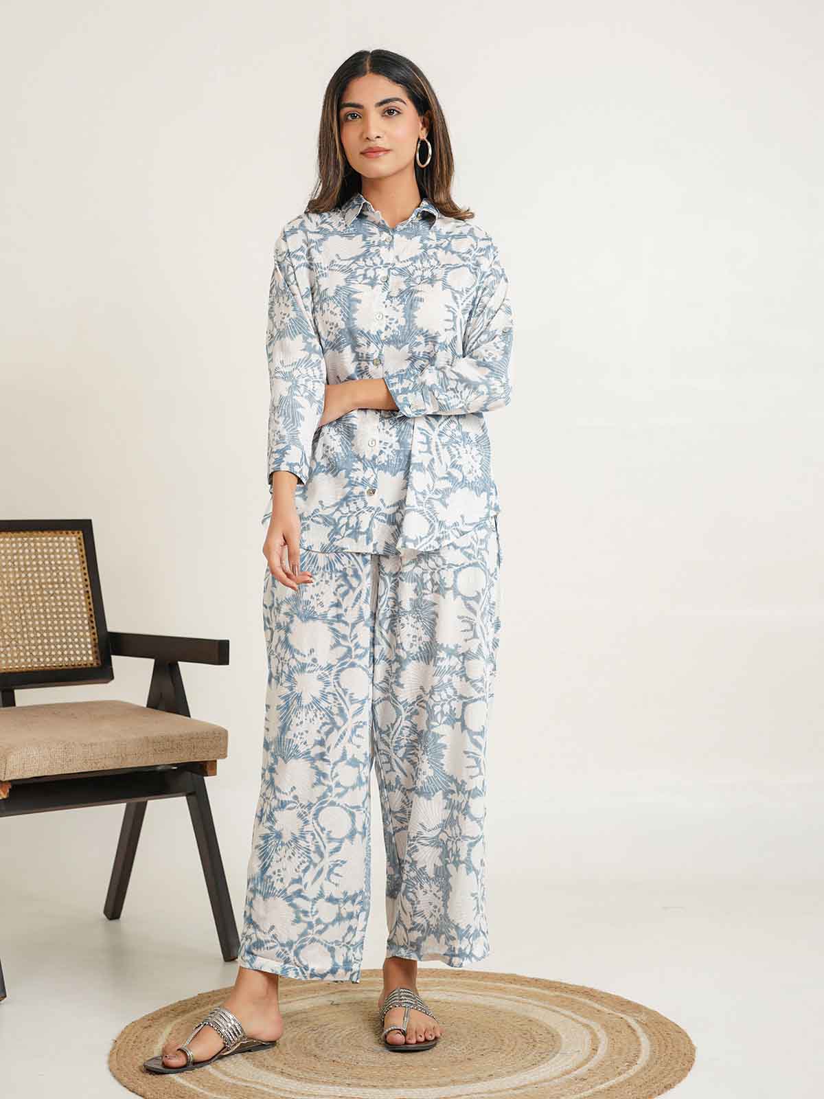 Block Printed Cotton Shirt Pant Meher Set Grey