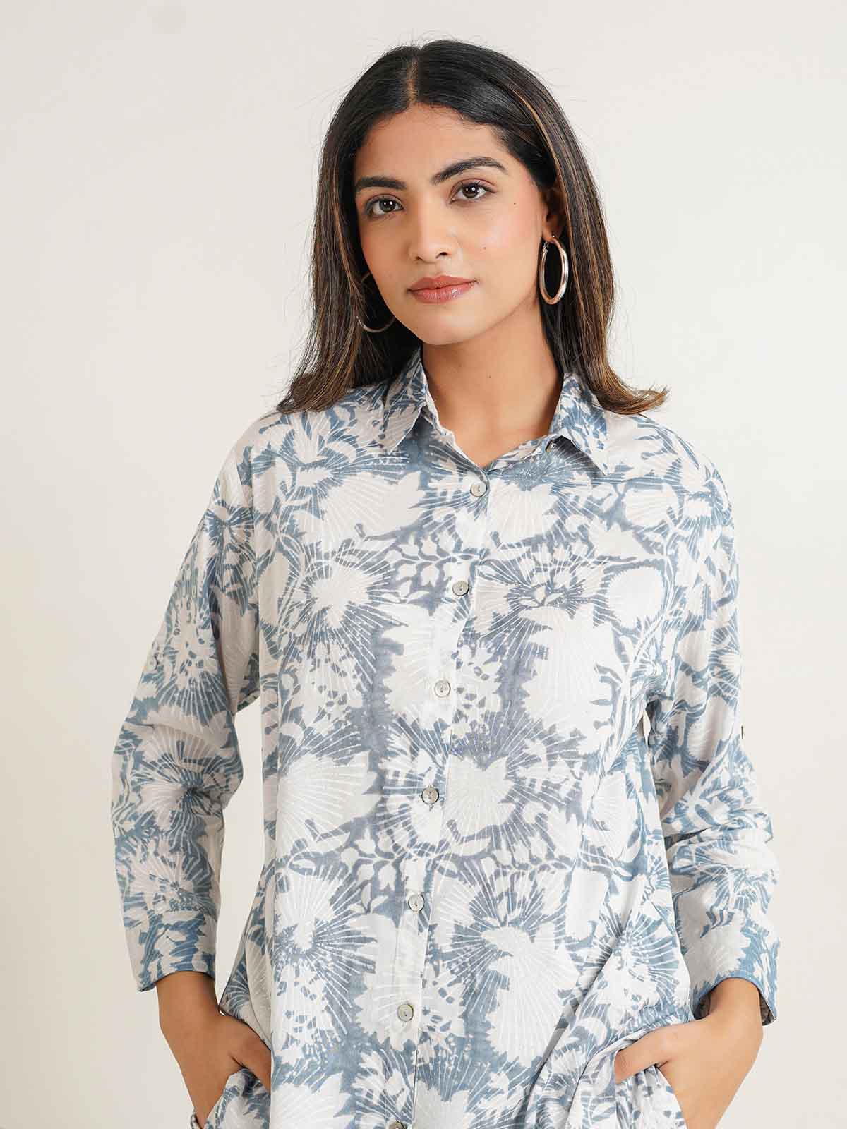 Block Printed Cotton Shirt Pant Meher Set Grey