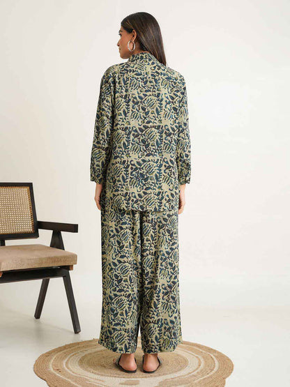 Block Printed Cotton Shirt Pant Meher Set Indigo