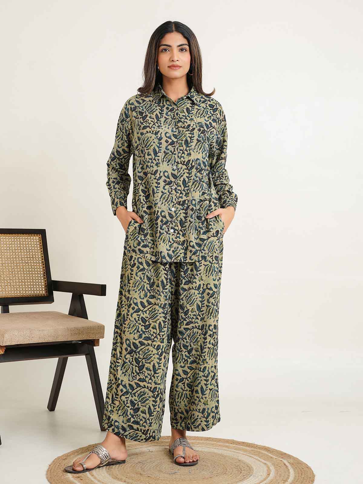 Block Printed Cotton Shirt Pant Meher Set Indigo