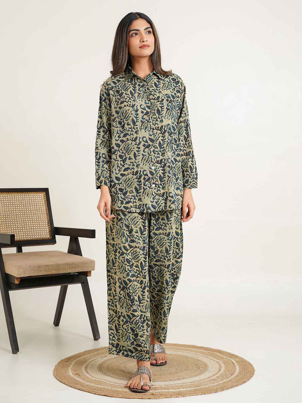 Block Printed Cotton Shirt Pant Meher Set Indigo