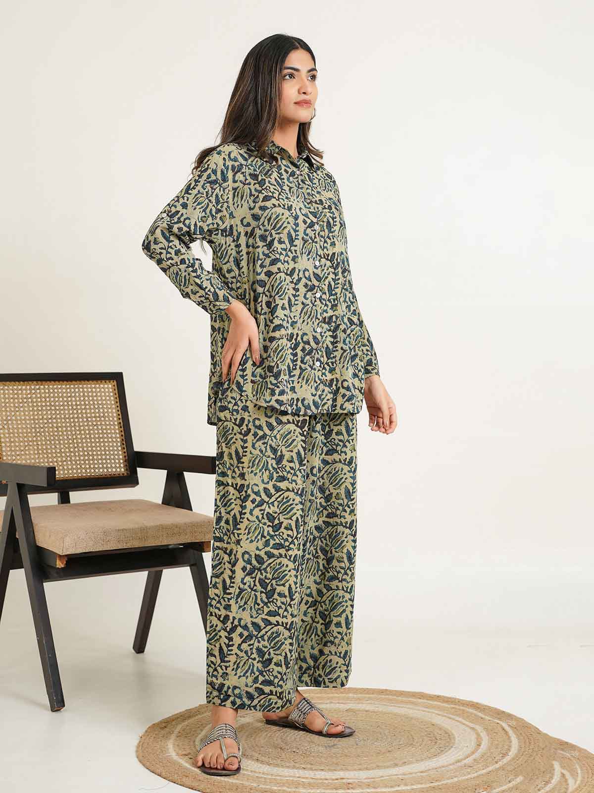 Block Printed Cotton Shirt Pant Meher Set Indigo