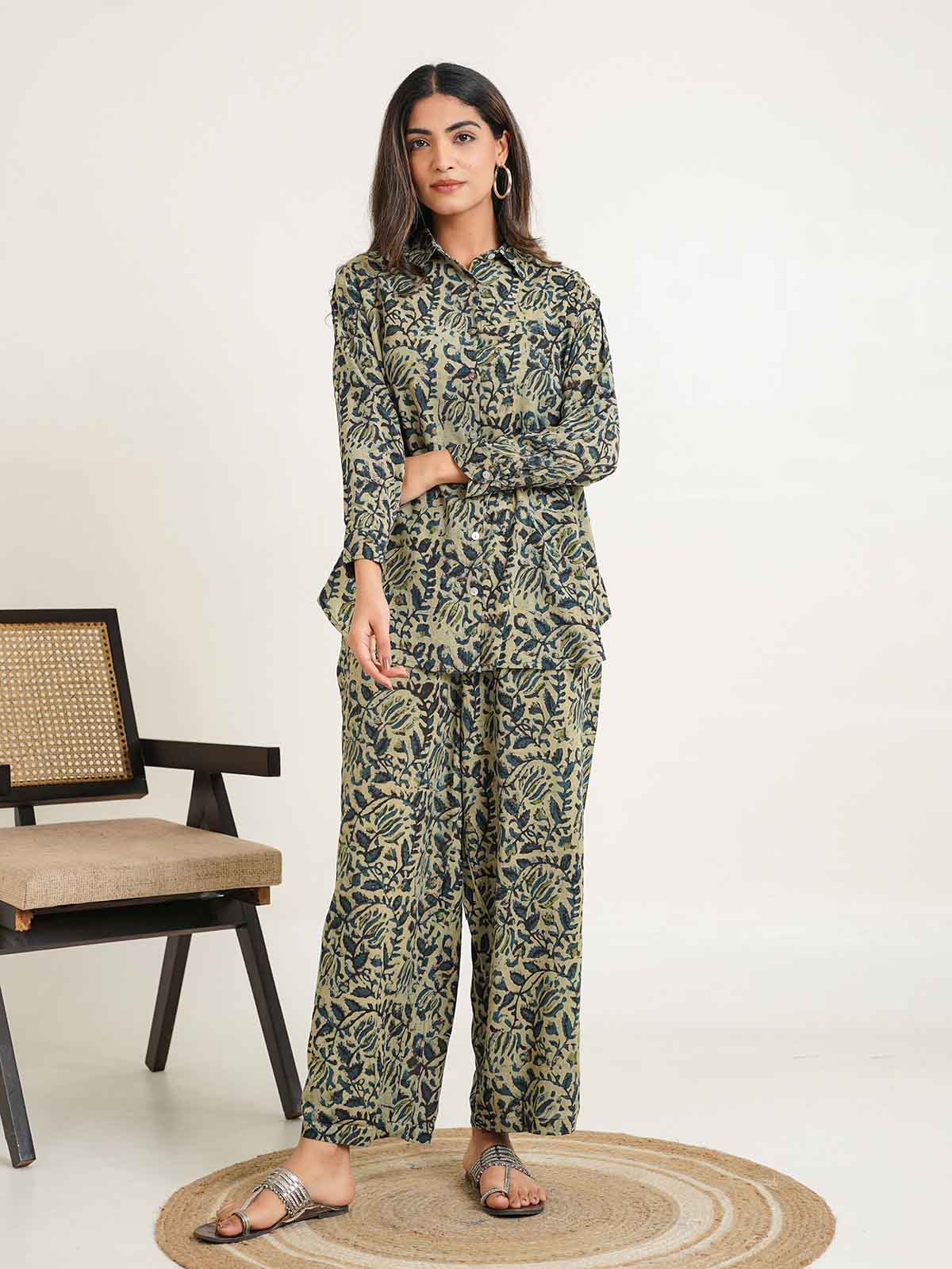 Block Printed Cotton Shirt Pant Meher Set Indigo