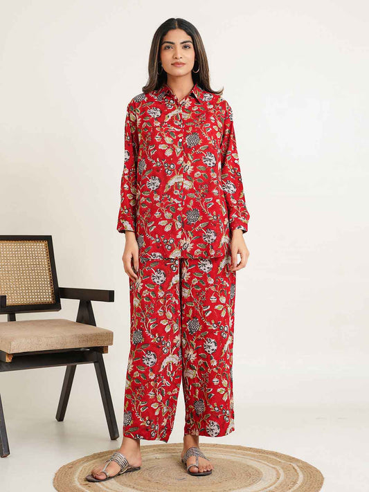 Block Printed Cotton Shirt Pant Meher Set Red