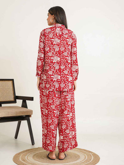 Block Printed Cotton Shirt Pant Meher Set Cherry Red