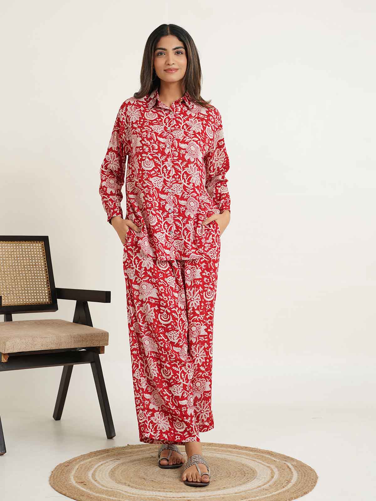 Block Printed Cotton Shirt Pant Meher Set Cherry Red