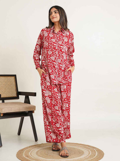 Block Printed Cotton Shirt Pant Meher Set Cherry Red