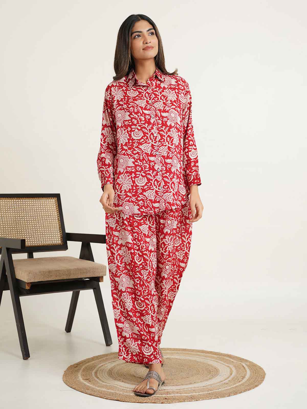 Block Printed Cotton Shirt Pant Meher Set Cherry Red