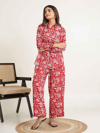 Block Printed Cotton Shirt Pant Meher Set Cherry Red