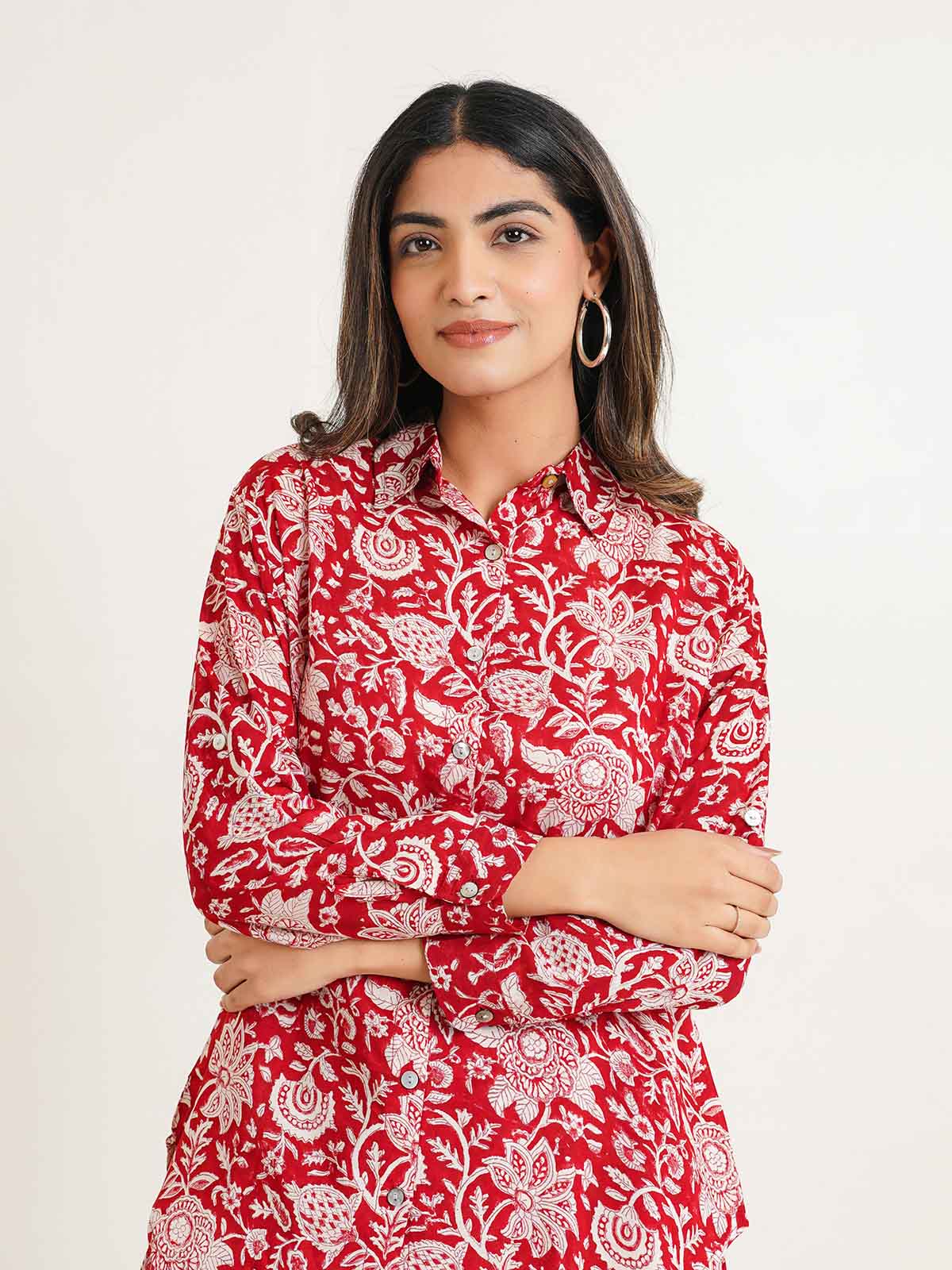 Block Printed Cotton Shirt Pant Meher Set Cherry Red