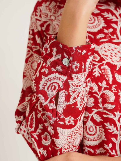 Block Printed Cotton Shirt Pant Meher Set Cherry Red