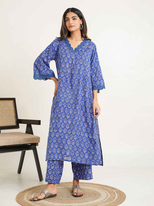 Block Printed Cotton Kurta Pant Bagiya Set Blue