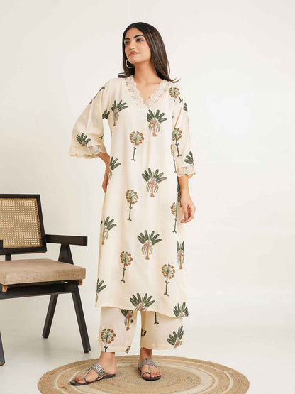 Block Printed Cotton Kurta Pant Bagiya Set Off-White