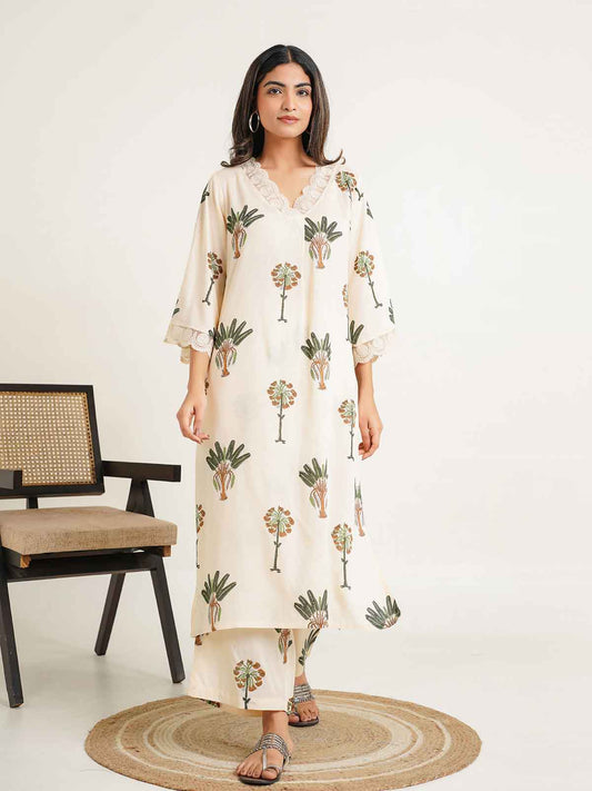 Block Printed Cotton Kurta Pant Bagiya Set Off-White