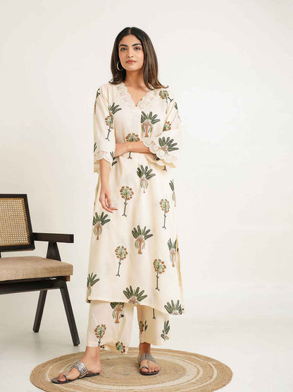 Block Printed Cotton Kurta Pant Bagiya Set Off-White