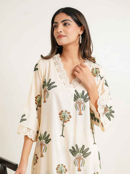 Block Printed Cotton Kurta Pant Bagiya Set Off-White