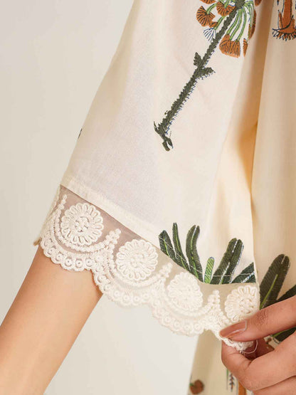 Block Printed Cotton Kurta Pant Bagiya Set Off-White