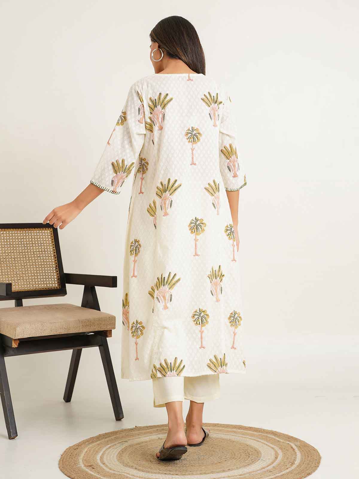 Cotton printed A-line Phiran kurta Off-White