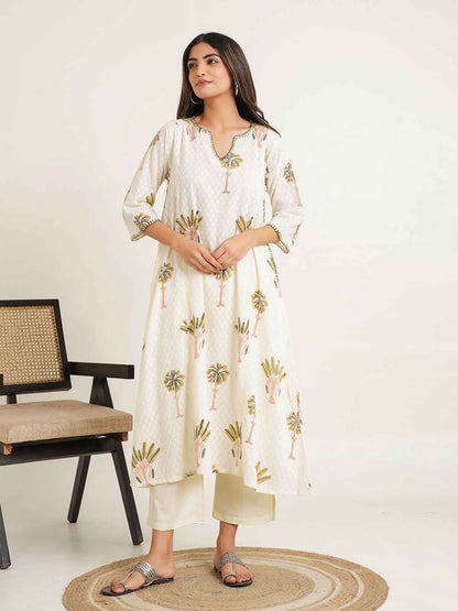 Cotton printed A-line Phiran kurta Off-White