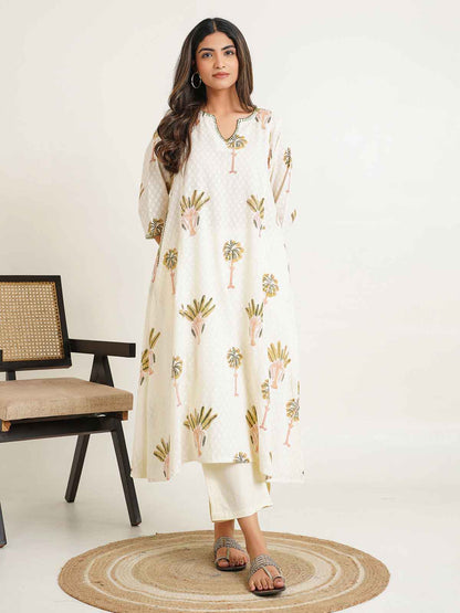 Cotton printed A-line Phiran kurta Off-White