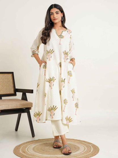 Cotton printed A-line Phiran kurta Off-White