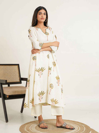 Cotton printed A-line Phiran kurta Off-White