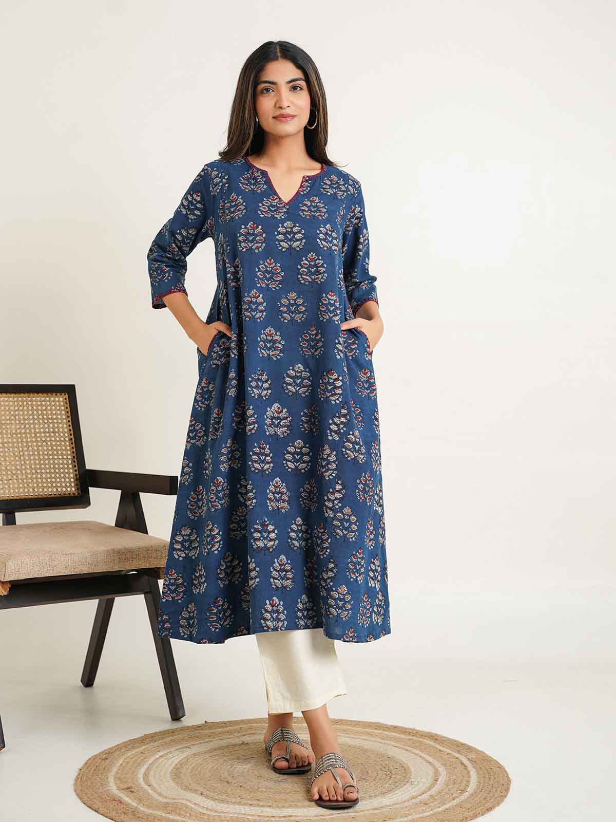 Cotton printed A-line Phiran kurta Indigo