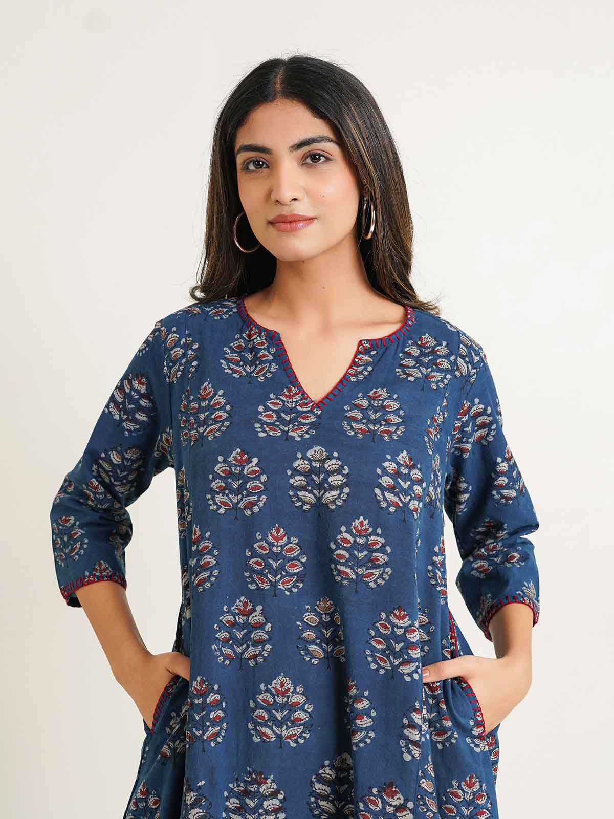 Cotton printed A-line Phiran kurta Indigo