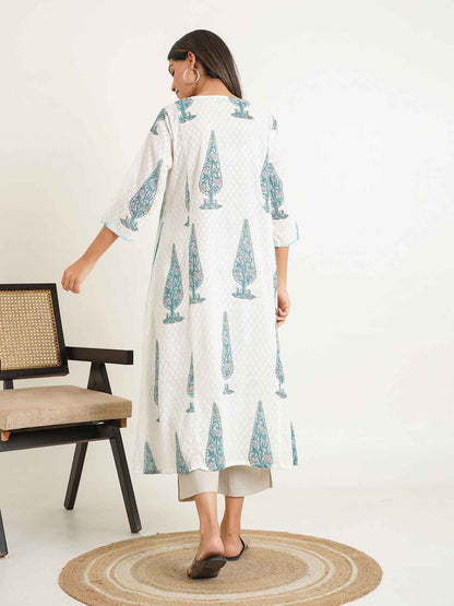 Cotton printed A-line Phiran kurta White