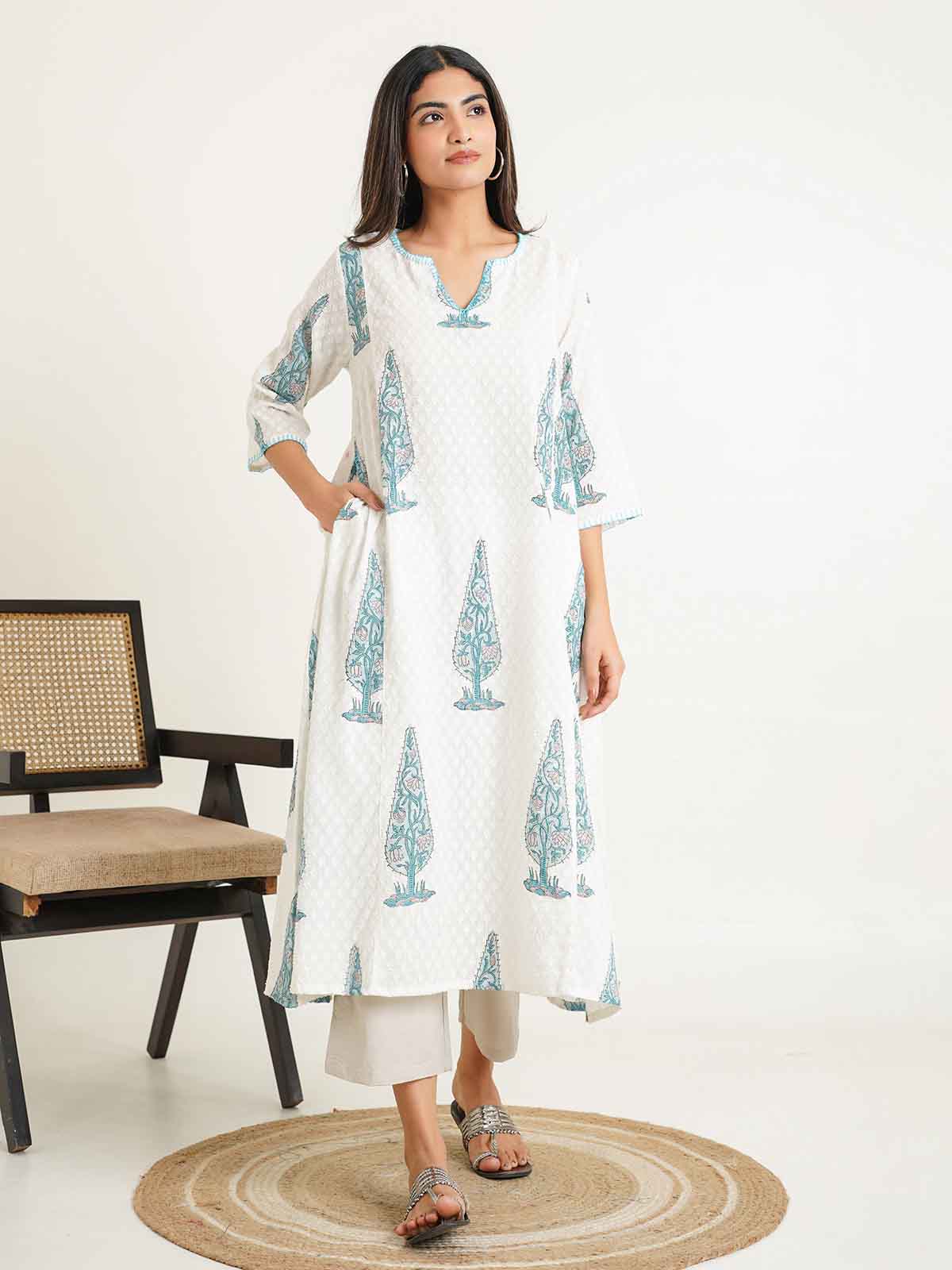 Cotton printed A-line Phiran kurta White