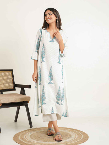 Cotton printed A-line Phiran kurta White