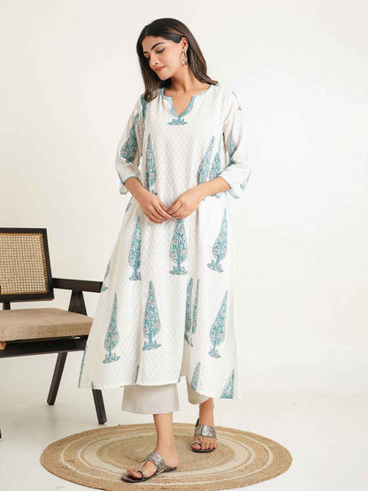 Cotton printed A-line Phiran kurta White