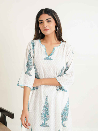 Cotton printed A-line Phiran kurta White