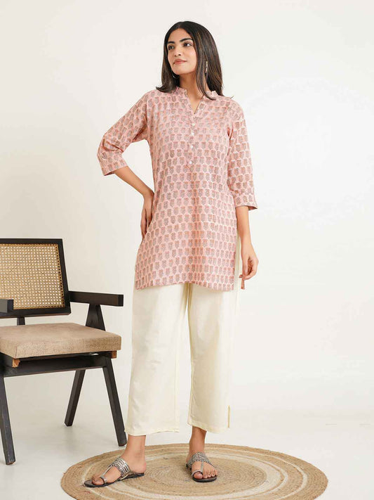 Block-Printed Cotton Short Kurti Peach