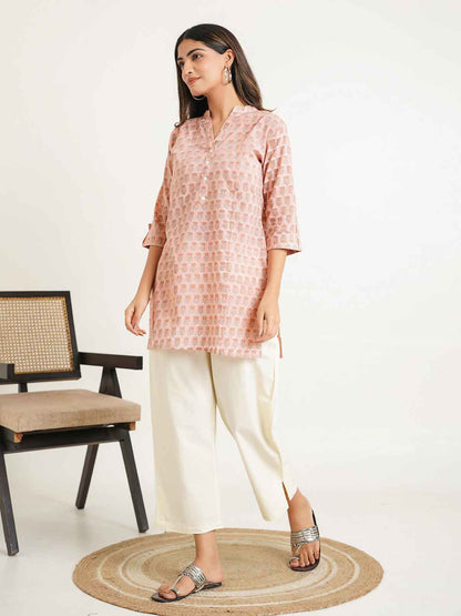 Block-Printed Cotton Short Kurti Peach