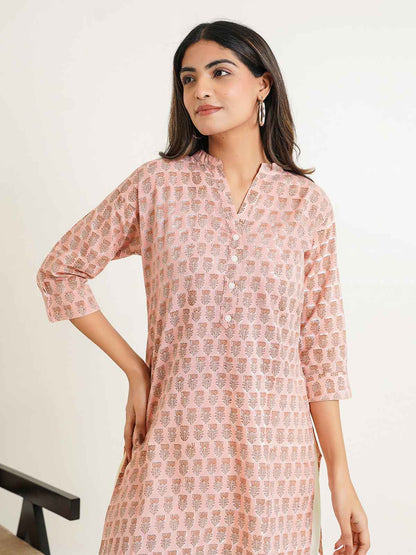 Block-Printed Cotton Short Kurti Peach