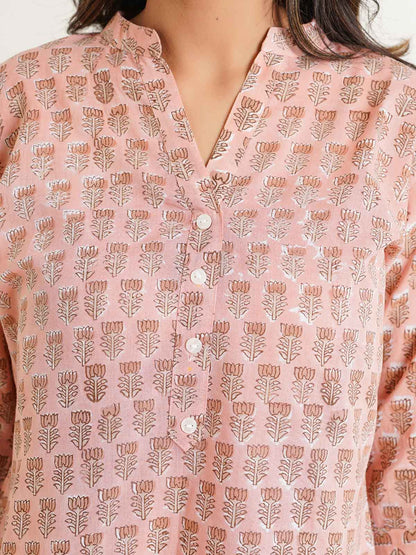 Block-Printed Cotton Short Kurti Peach