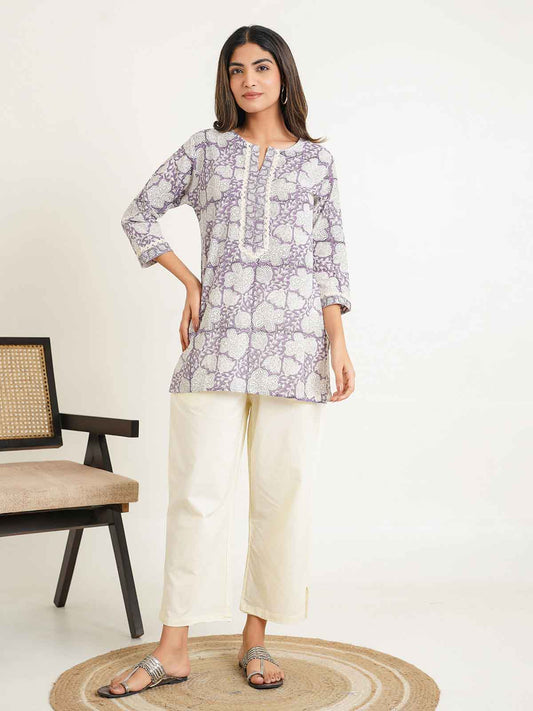 Block-Printed Cotton Zoya Kurti Purple