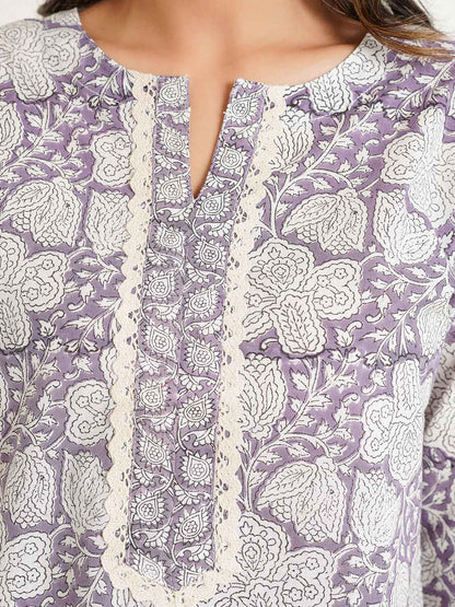 Block-Printed Cotton Zoya Kurti Purple