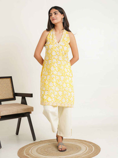 Sleeveless Cotton Halter Neck Kurti Yellow