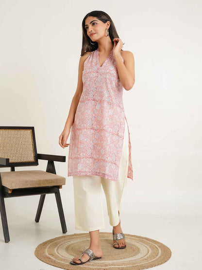 Sleeveless Cotton Halter Neck Kurti Peach