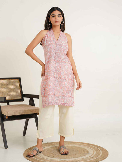 Sleeveless Cotton Halter Neck Kurti Peach