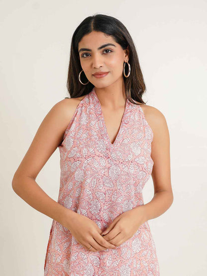 Sleeveless Cotton Halter Neck Kurti Peach