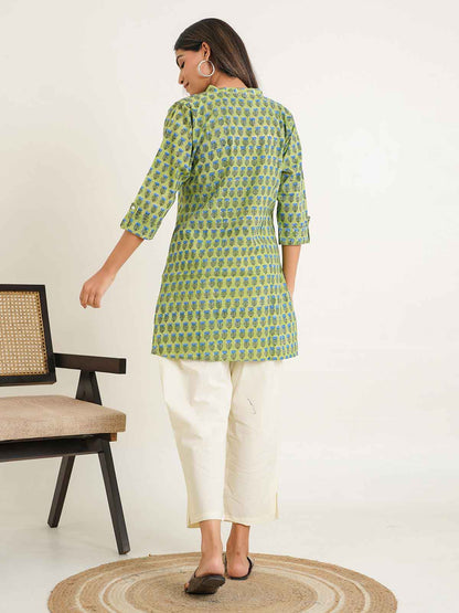 Block-Printed Cotton Short Kurti Green