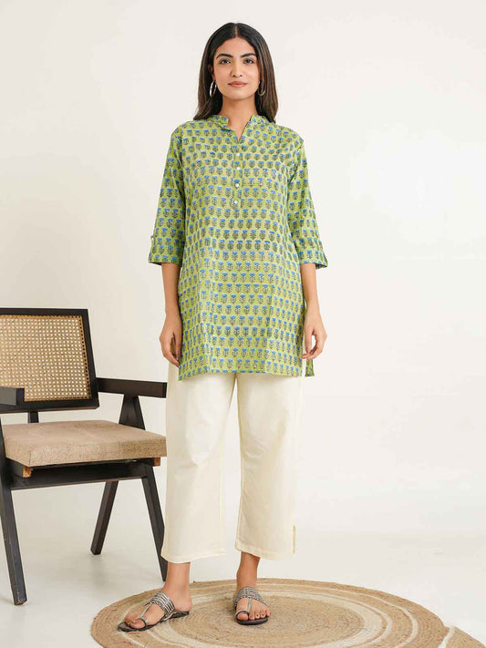 Block-Printed Cotton Short Kurti Green