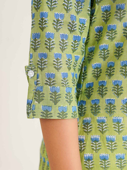 Block-Printed Cotton Short Kurti Green